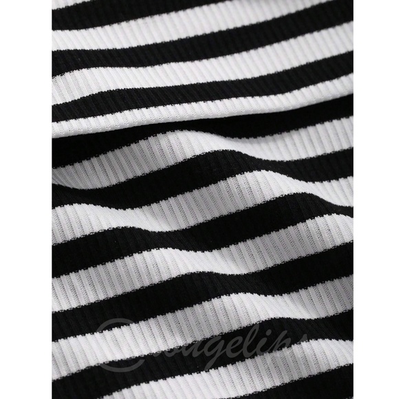 Striped Black White Rib Knit Fold Over Off Shoulder Slim Top Shirt - Picture 10 of 15